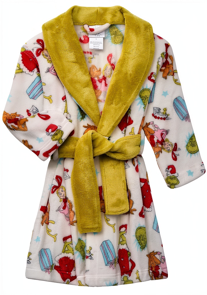 Grinch baby robe being used after bath time with toddler