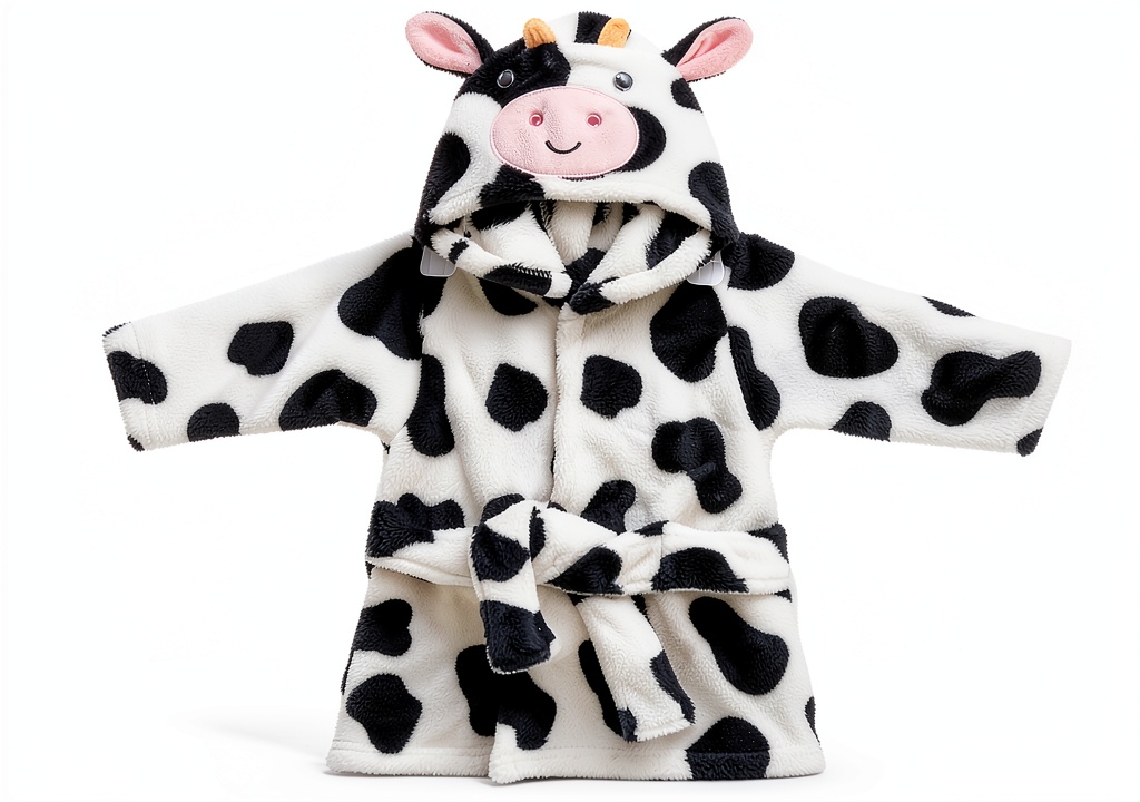 Harry J Rashti Cow Embroidered Plush Robe shown on a happy baby after bath time